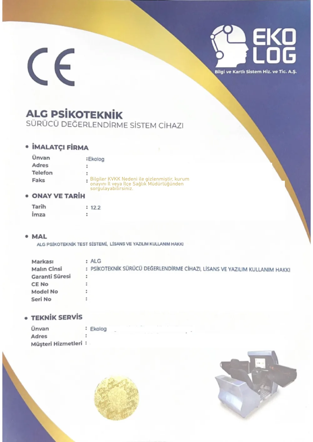 Test cihazı ürün belgesi